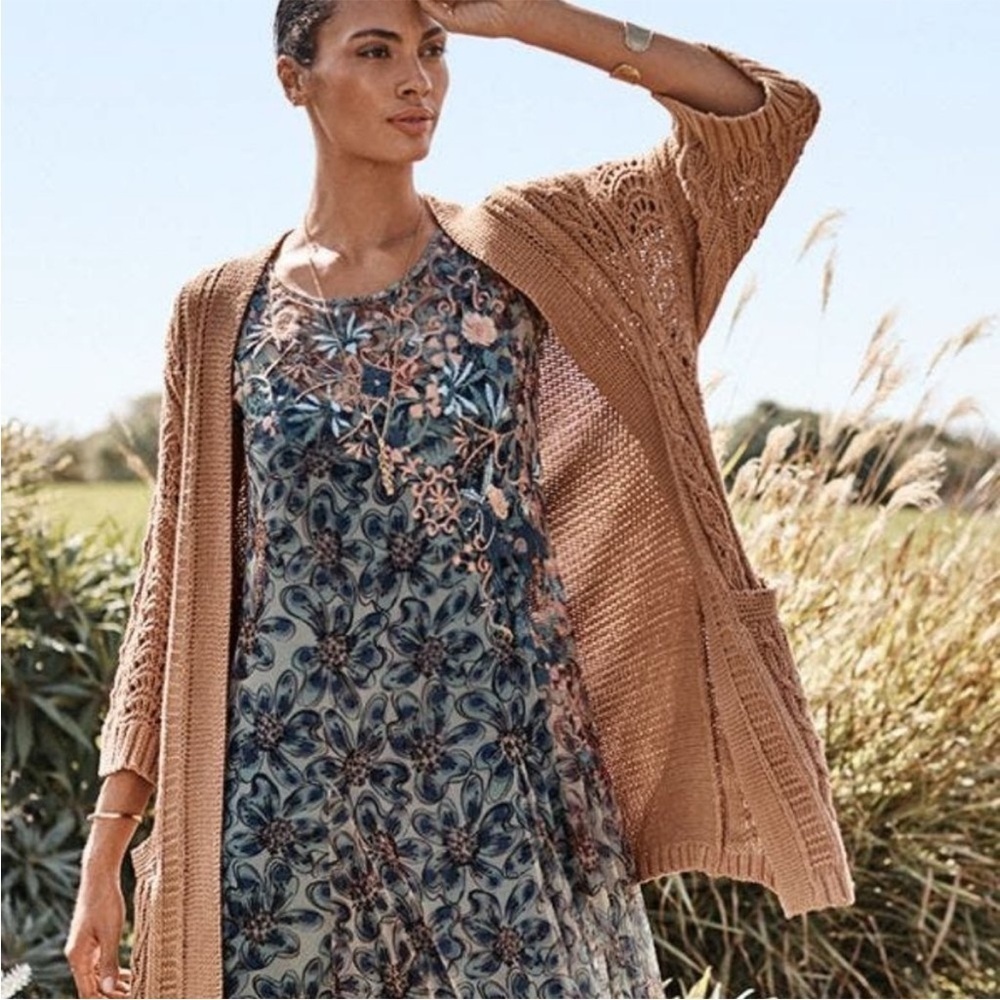 JOHNNY WAS Calme Peruvian Cotton Inspiration Open Cable Knit Long Cardigan